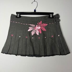 Wet Seal Pleated Mini Skirt Gray Herringbone Flower Size 3 Grunge Schoolgirl